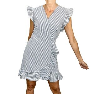 WAYF blue white nautical stripe cotton blend ruffle hem mini wrap dress M